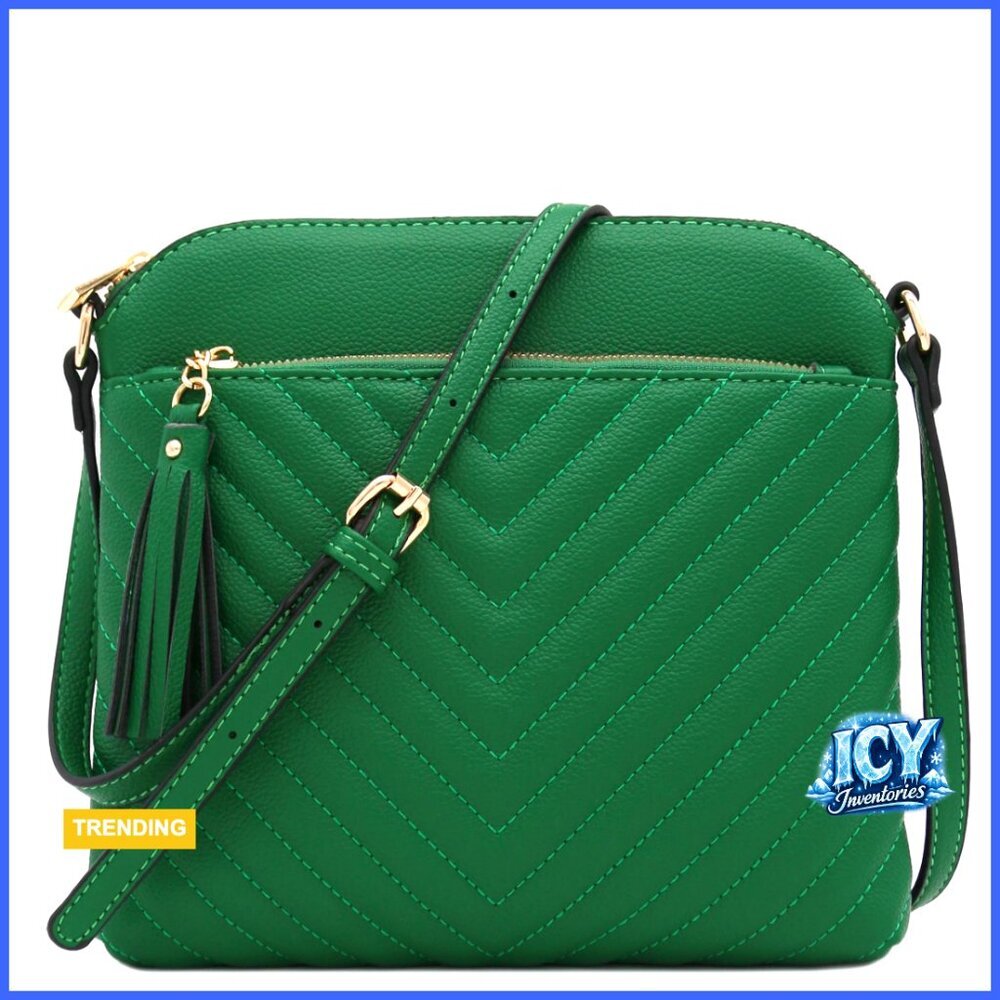 Faux Leather Chevron Quilted Crossbody Bag with Adjustable Strap - Picture 1 of 7